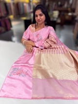 Lotus Pink Banarasi Tissue saree with swan embroidery