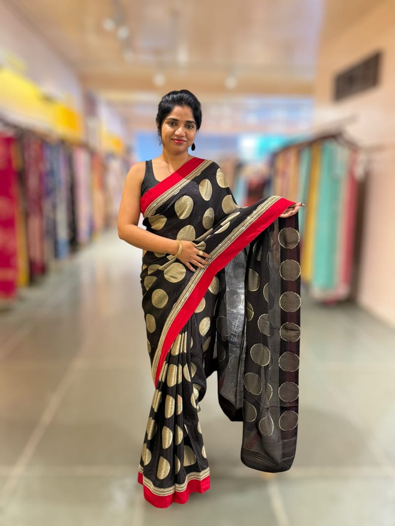 Black Crepe Silk Polka dot Saree with sabhyasachi Borders & Blouse SS50585