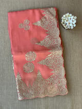 Coral Peach Organza with chantilly Lace embroidery SS50482