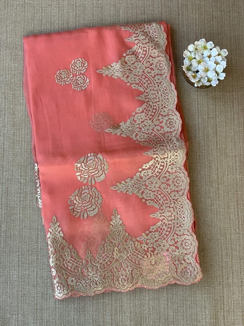 Coral Peach Organza with chantilly Lace embroidery SS50482