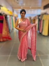 Coral Pink Pure Handloom Tissue checks Saree with sabyasachi borders SS50425