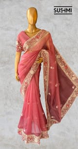 Brick Red Pure Organza Saree with heavy intricate Handwork DSCL044