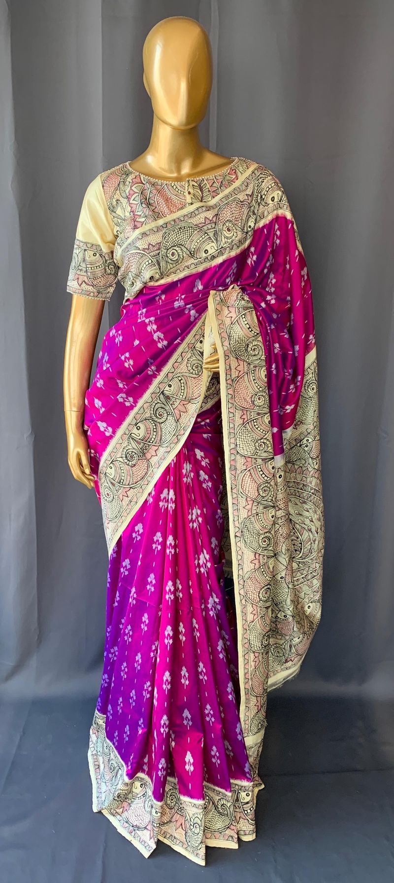 Majenta Ikkath patola saree with madhubani hand painting