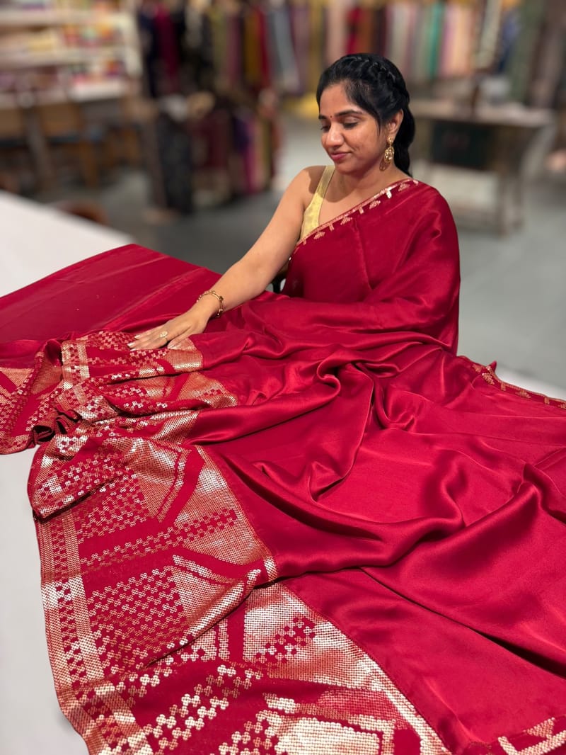 Dark Pink Pure Satin Saree with designer sequence border and blouse
