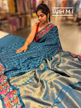 Peacock Blue Mysore Silk Saree with petitepoint embroidery S62111