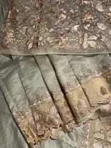 Earthy Tone Mul Tissue Stripes Saree With Tissue Cutwork  Border & Blouse