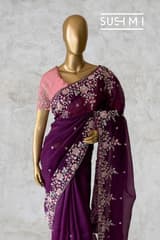 Violet  Pure Organza heavy handwork saree