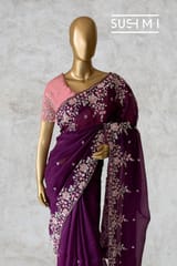 Violet  Pure Organza heavy handwork saree