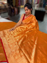 Orange Banarasi katan Tonchoi weaving Saree with red