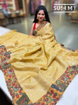 Champagne beige Silk kota and pen kalamkari fusion saree with pita emb