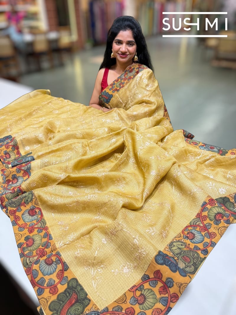 Champagne beige Silk kota and pen kalamkari fusion saree with pita emb
