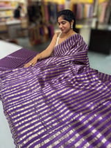 Brinjal Handloom Mul Tissue Stripes Saree with fusion blouse SS50410
