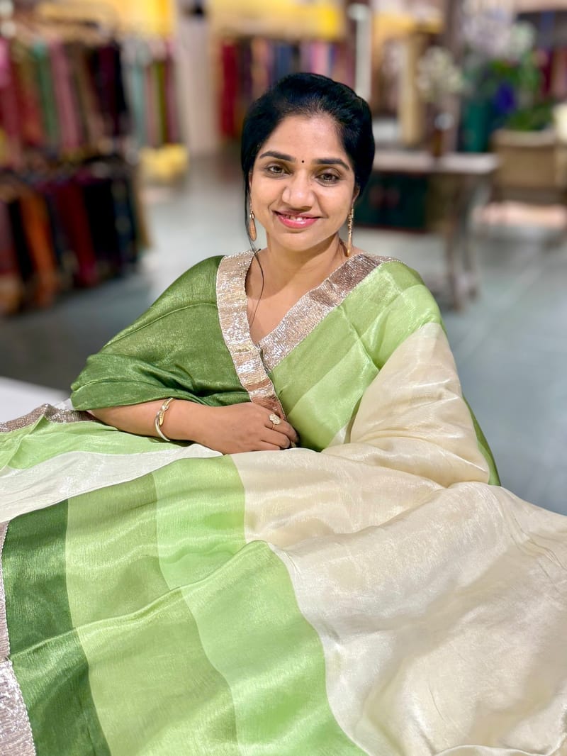 Ivory & Green Combo Chinnon Crepe Saree with Gotapatti Borders SS50611