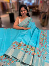 Teal Blue chanderi silk cotton saree with kalamkari applique border SS50529