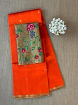 Orange Chanderi Pattu Silk Saree with Tissue allover petite point embroidered blouse SS50601