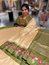 Beige kanchi vintage checks soft silk saree with pythani inspired parrot embroidered border SS50130