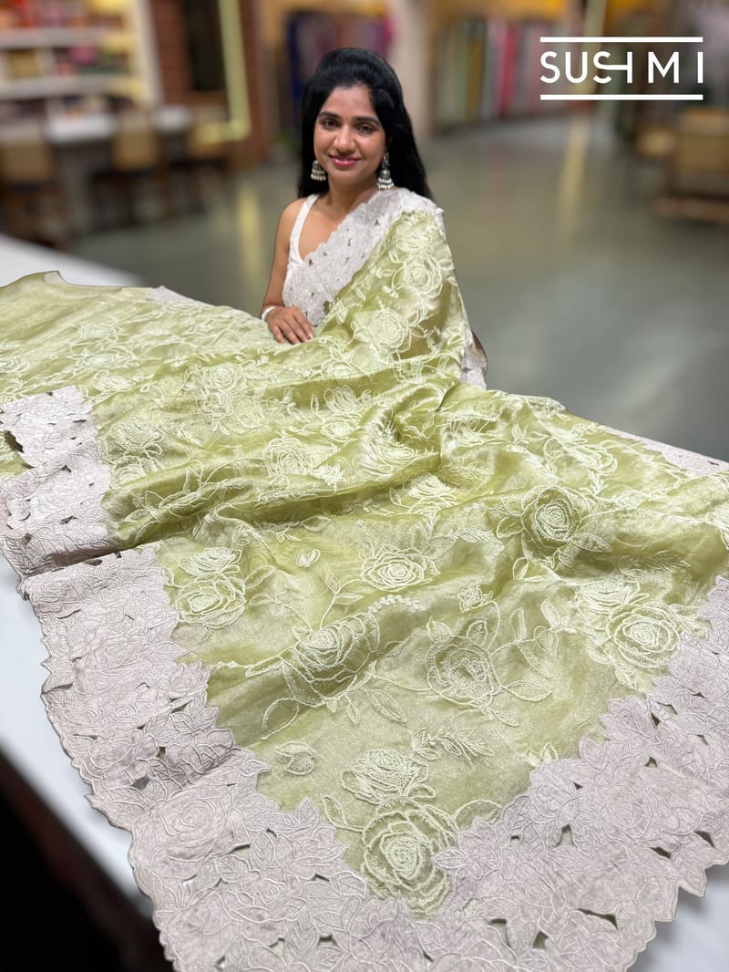 Apple green  Designer Tissue with embroidery
