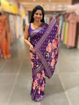 Brinjal georgette sequence saree with statement floral print SS5049