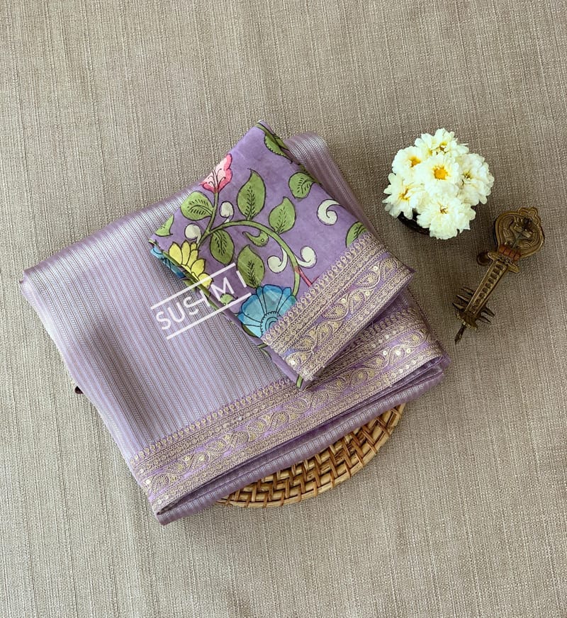 Lilac Banarasi tonchoi with pen kalamkari Blouse : D62F016