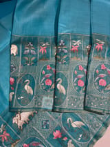 Copper Sulphate Blue Kora-Tussar blend Handloom Saree with Tissue embroidered Skirt Border
