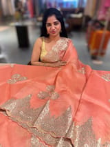Coral Peach Organza with chantilly Lace embroidery SS50482
