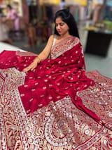 Maroon Red Pure Mashru Satin Saree with embroidery