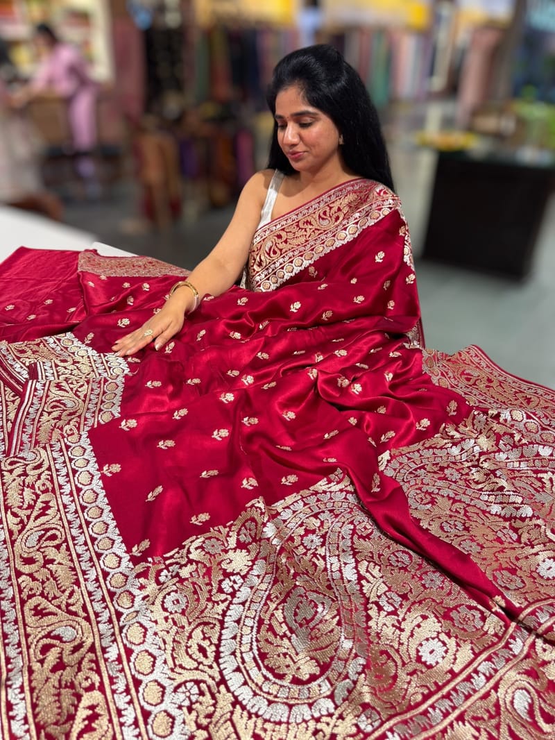 Maroon Red Pure Mashru Satin Saree with embroidery