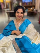 Ivory & Blue Combo Chinnon Crepe Saree with Gotapatti Borders SS50610