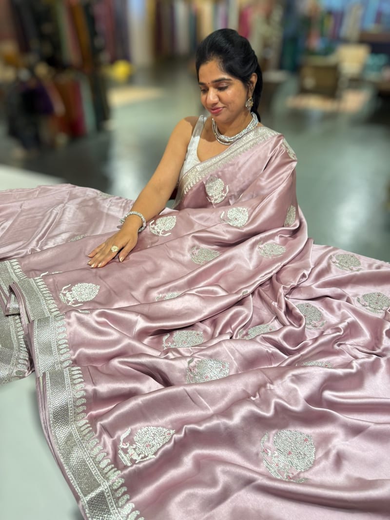 Dusty Pink Pure Satin Saree with Embroidery. SS5029