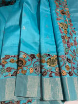 Teal Blue chanderi silk cotton saree with kalamkari applique border SS50529