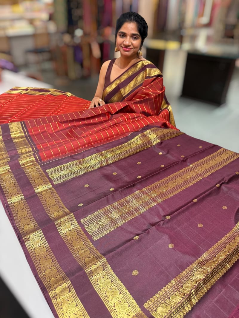 Dark Rust Kanchipuram Vintage striped Saree with gap borders SS50169