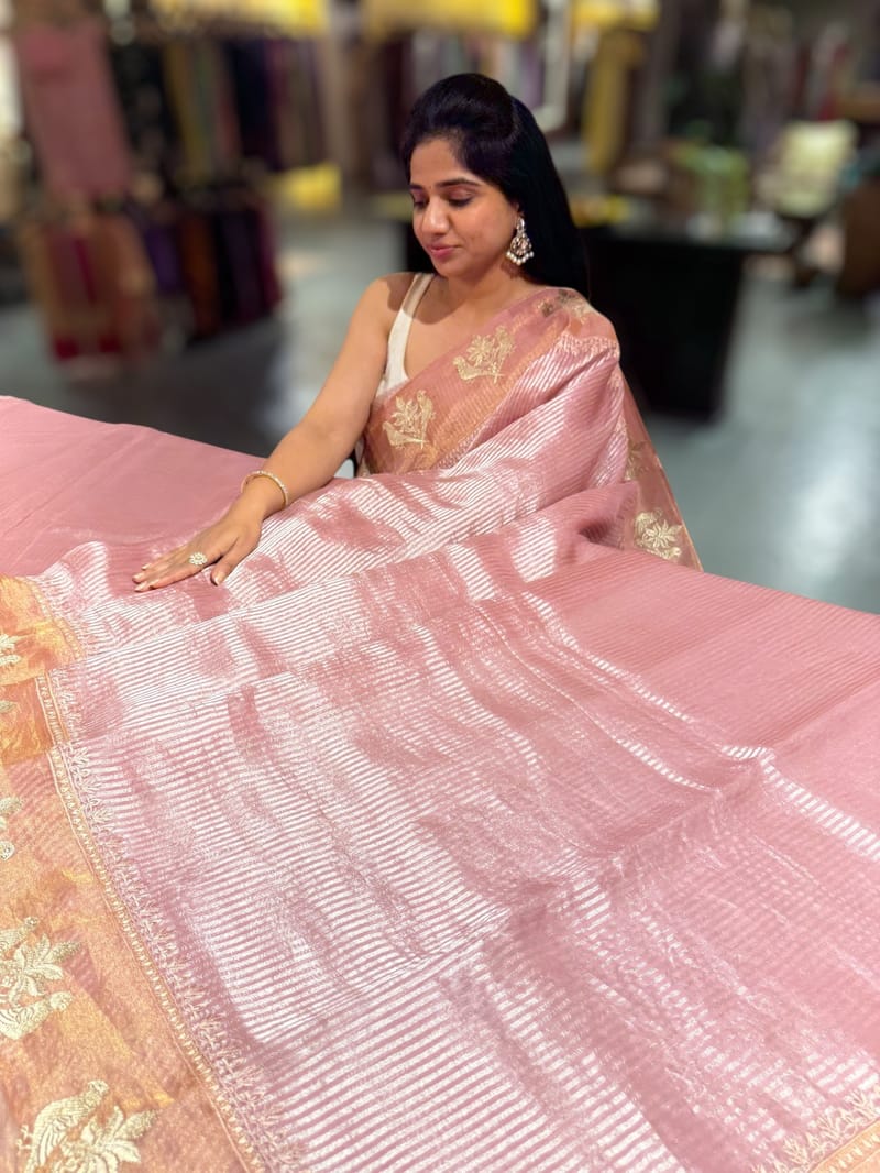 Dusty Pink Kora tissue stripes Saree with embroidery SS50225