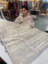Silver Tissue Pure Handloom Tissue checks Saree with sabyasachi borders