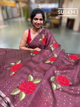 Winish Brown muslin tissue stripes saree with hibuscus emb