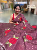 Winish Brown muslin tissue stripes saree with hibuscus emb