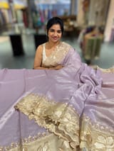 Lilac Mul Tissue Stripes Saree With Tissue Cutwork  Border & Blouse