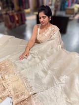 Earthy Tone Mul Tissue Stripes Saree With Tissue Cutwork  Border & Blouse