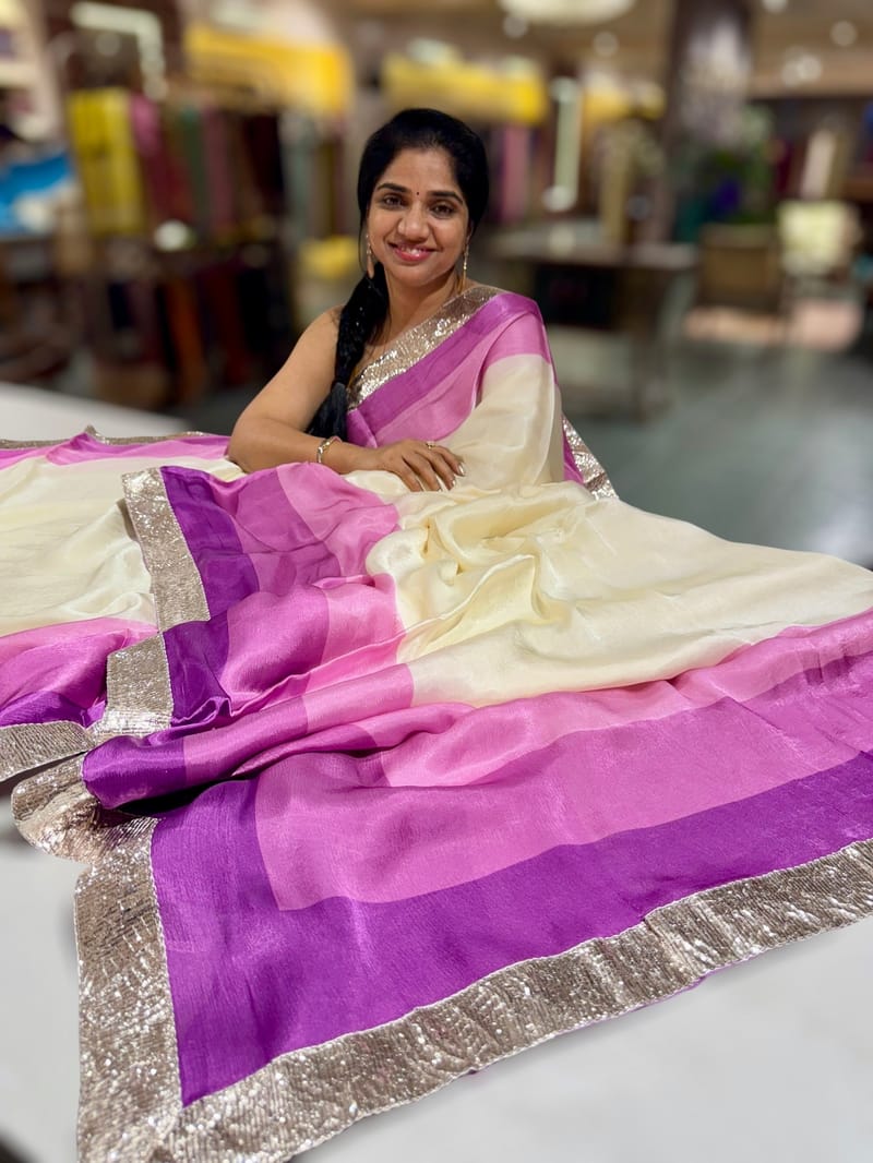 Ivory & Purple Combo Chinnon Crepe Saree with Gotapatti Borders SS50612