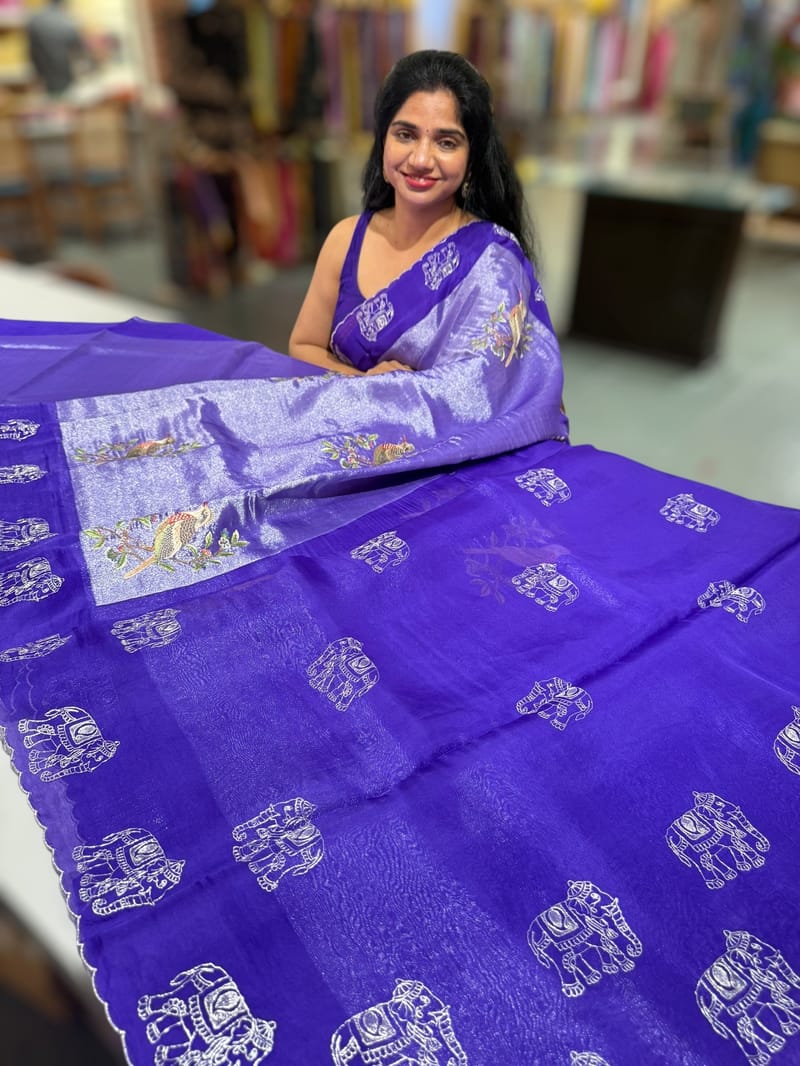 Purple Premium Handloom Designer Tissue saree with exquisite embroidery