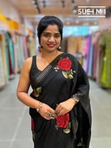 Black Muslin Saree with Pocket Sequins & Hibiscus Embroidery