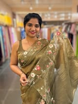 Mehendi Pure Tissue Saree with embroidered border