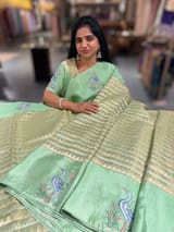 Sea Green Banarasi Tissue saree with swan embroidery SS50404
