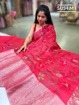 Red Pure Organza Saree with pythani embroidery : S62F163