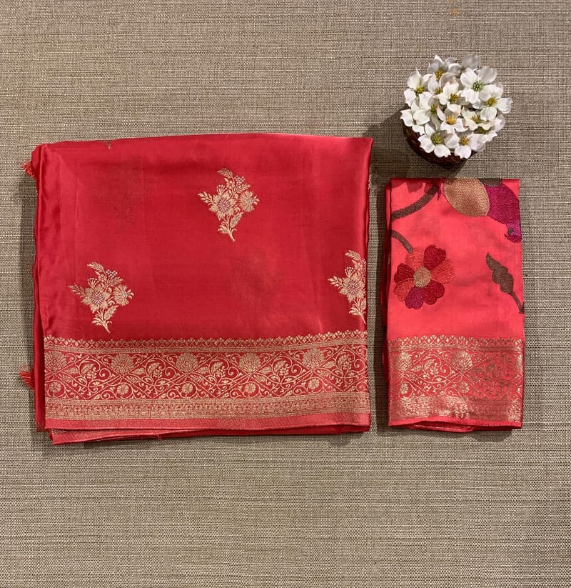 Dark Peach Pink Mashru Silk Saree with Paithani inspired embroidered blouse SS50572