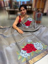 Navy Tussar Brocade Saree With Statement Red Rose Embroidery. SS50468