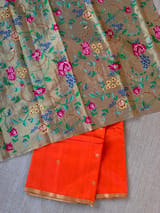 Orange Chanderi Pattu Silk Saree with Tissue allover petite point embroidered blouse SS50601