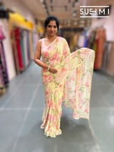 Pastel yellow printed georgette saree with handwork : S62F195