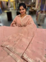 Peach Pink Tissue Georgette Saree with petite point emb SS50110