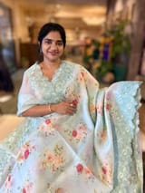 SeaBlue Printed Organza Saree With Chantilly Lace Style Embroidered Border SS50318