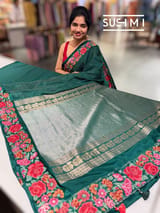 Bottle Green Mysore Silk Saree with petitepoint embroidery S62107
